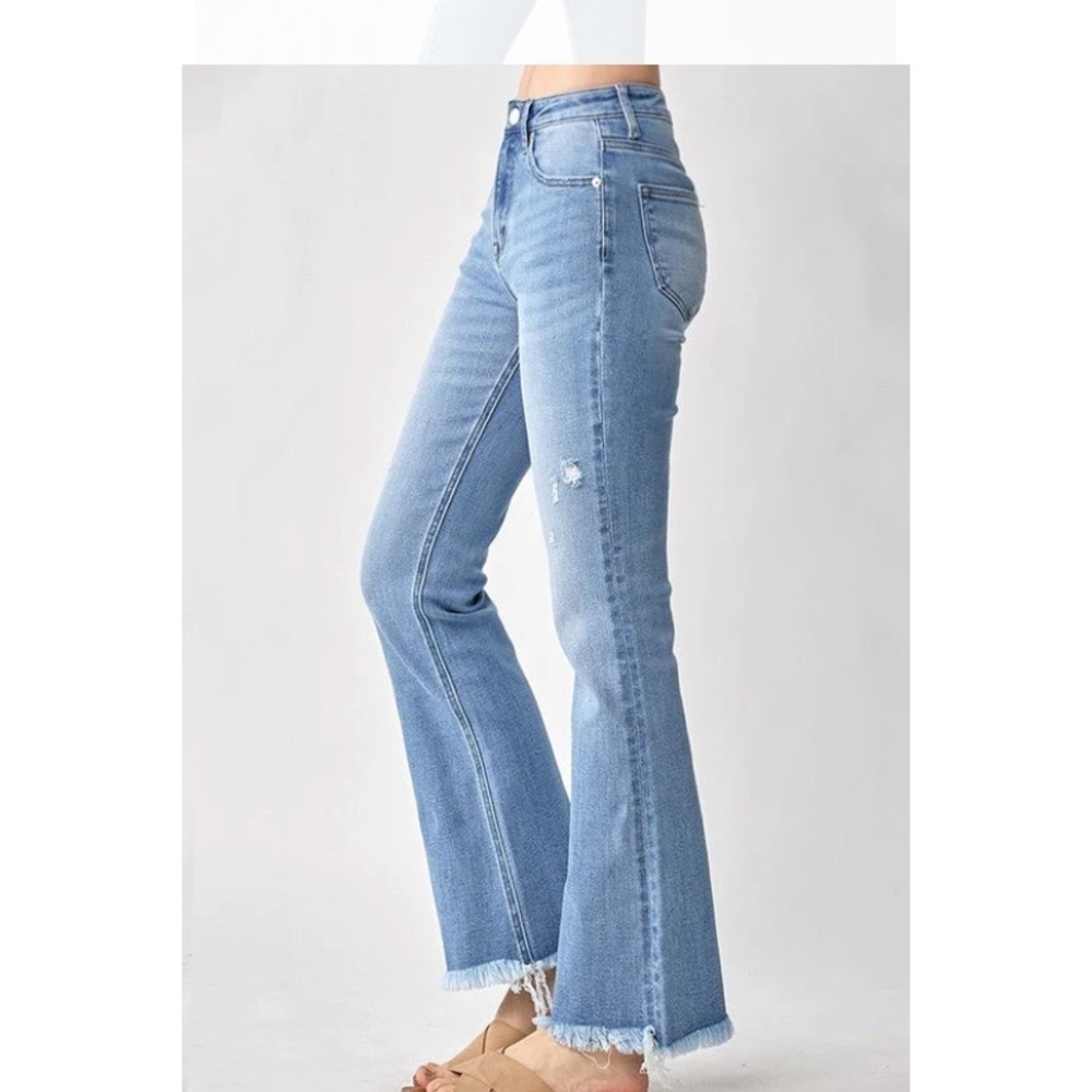 Risen Distressed Denim High Rise Raw Hem Flare Jeans Sz 28 / 7 EUC